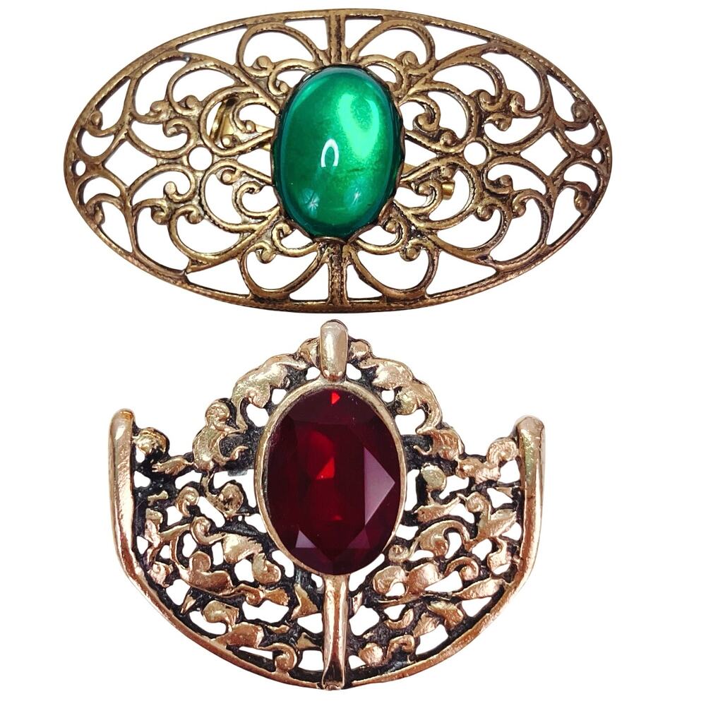 Vintage Mid Century Gold Tone Filigree Brooches Red Green Glass Cabochons Set